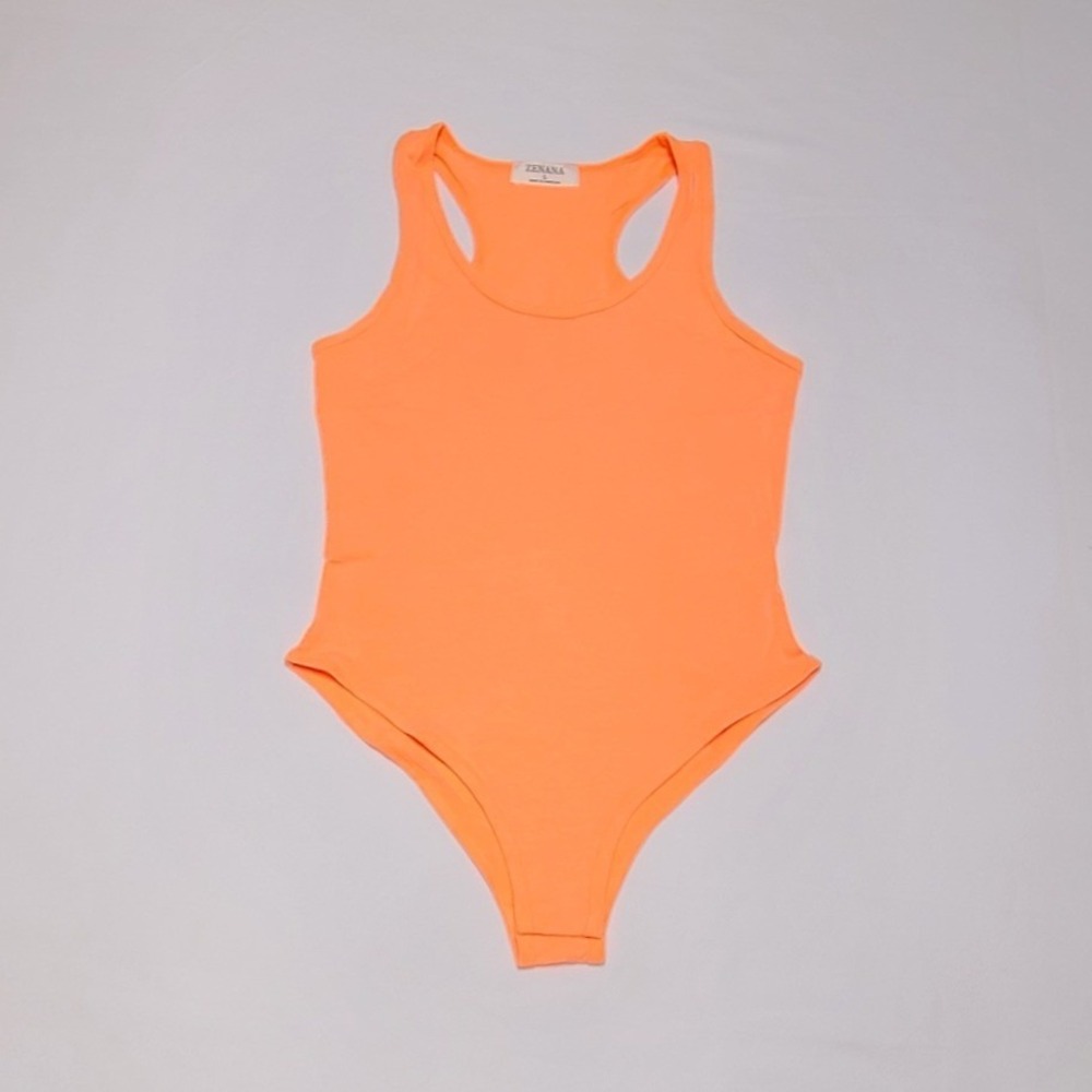 Zenana Women's Coral/Orange Racerback Bodysuit Various Size Scoop Neck Stretch